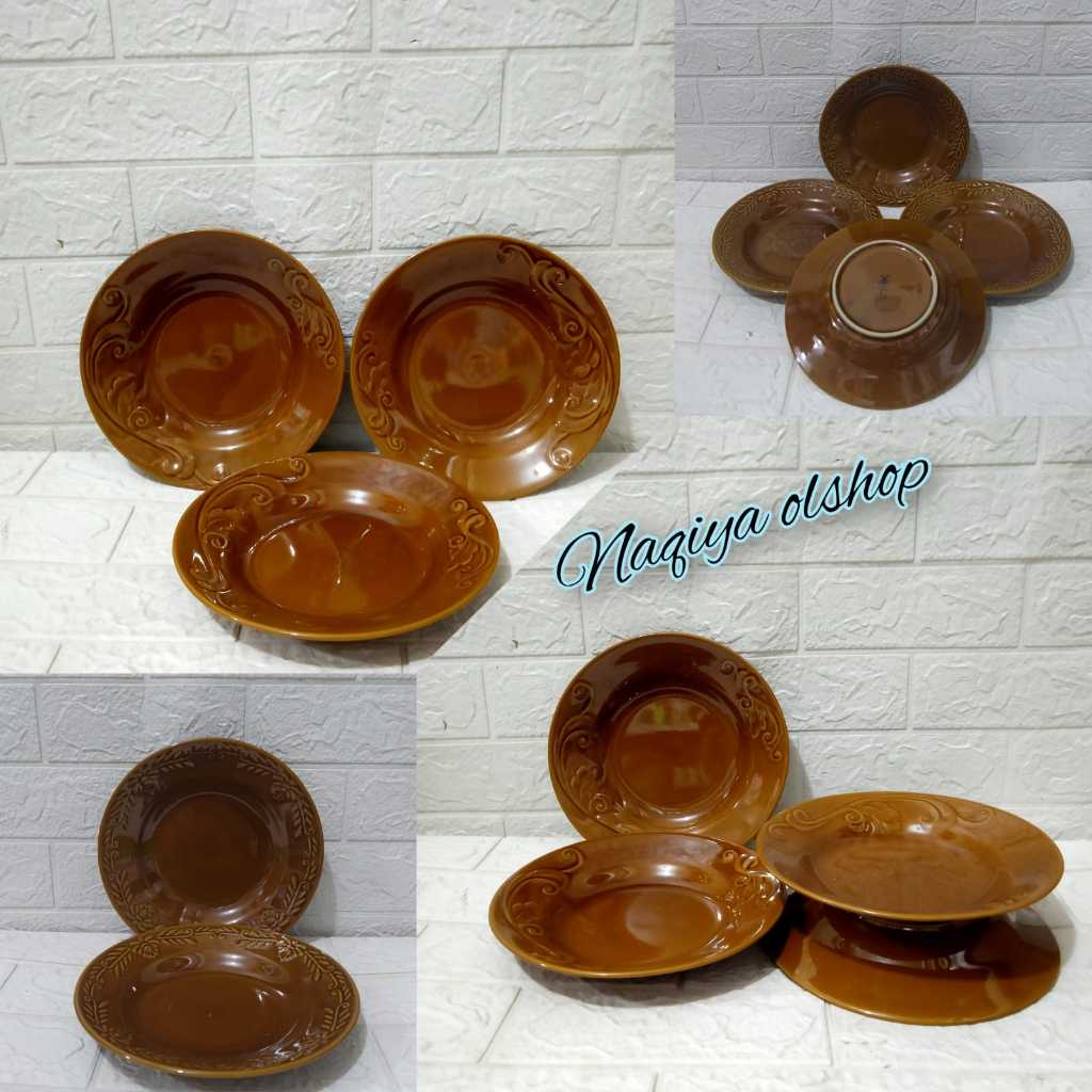 12pcs piring makan keramik coklat / piring keramik 8 inch / piring coklat