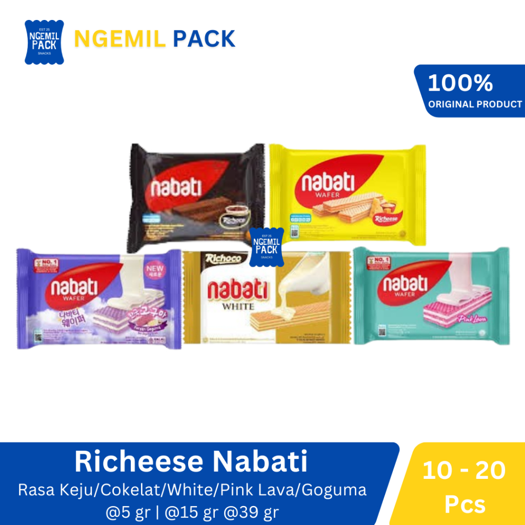 

Richeese Nabati Wafer Keju/Cokelat/White/Pink Lava/Goguma Isi 10pcs @37Gr / Isi 10pcs @15Gr / Isi 20pcs @5Gr