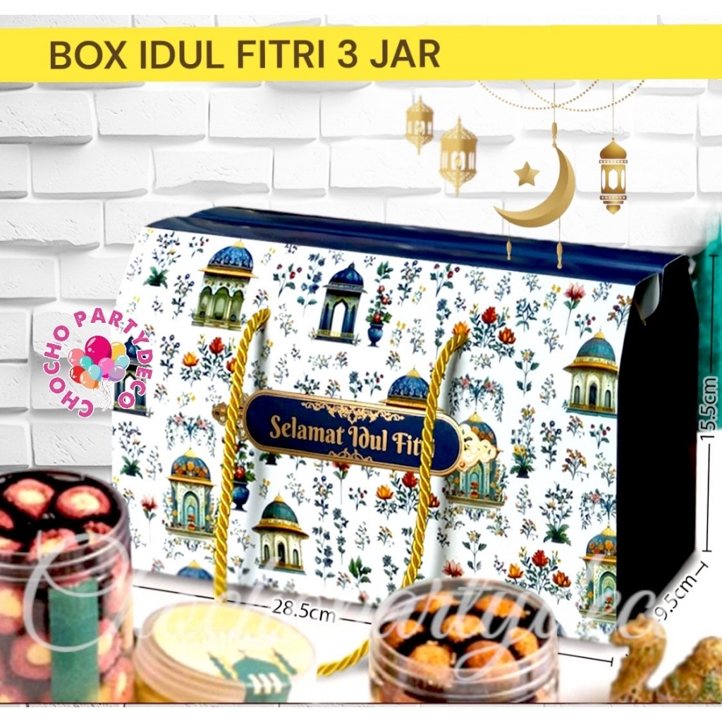 

Box Idul Fitri 3 JAR / Kotak Kue Lebaran / Parcel Idul Fitri / Hampers Lebaran ukuran 15x28x9 cm