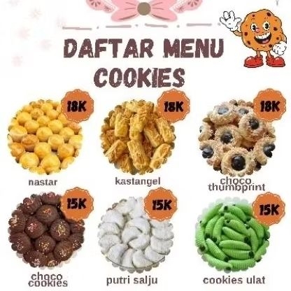 

kue kering(nastar, kastangel, choco thumbrint, choco cookies, putri salju, ulat)