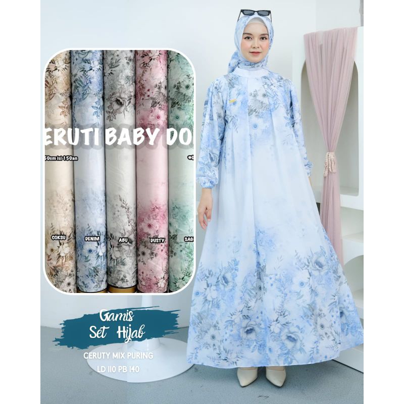 baju muslim termurah gamis baby doll print set hijab segiempat wanita kekinian