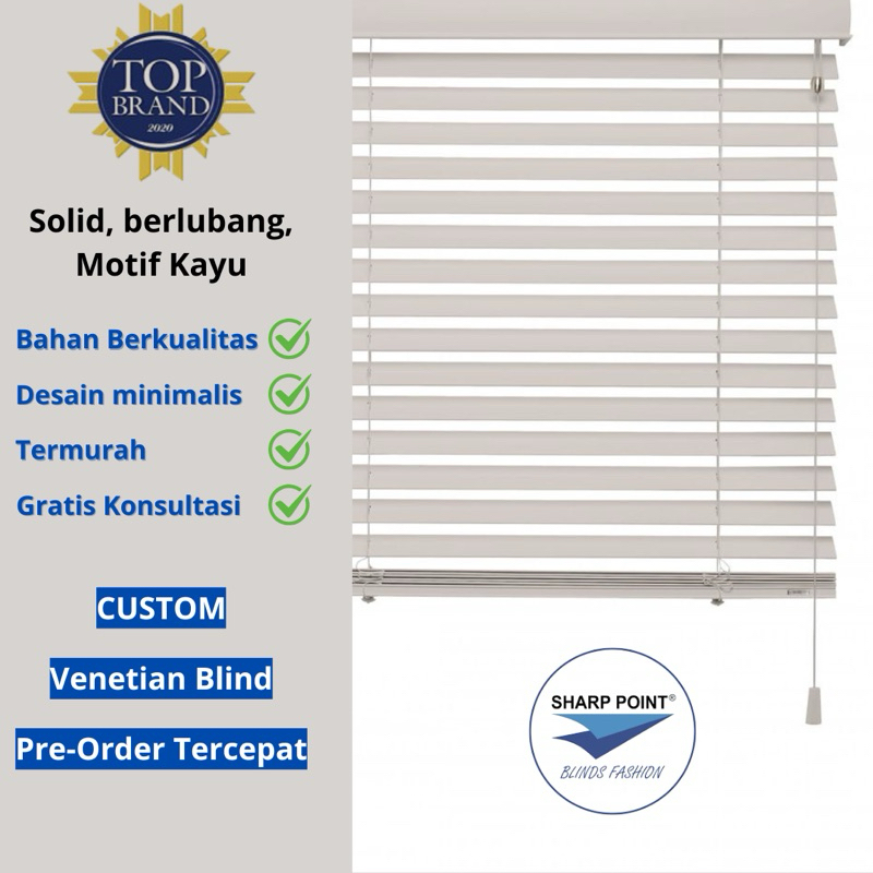 custom tirai gulung, venetian horizontal blind solid, berlubang, motif kayu merek sharp point