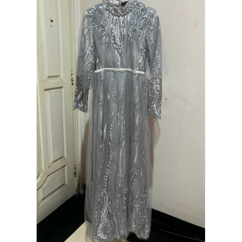 Gamis Brokat Silver Pink Elegan – Baju Pesta / Lebaran / Kondangan Wanita