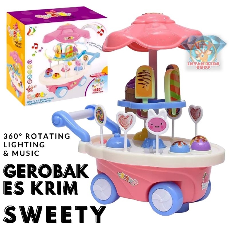 MAINAN ANAK GEROBAK ES KRIM TROLI SWEETY ICE CREAM VEHICLE 360º MUSIK LAMPU 666-3