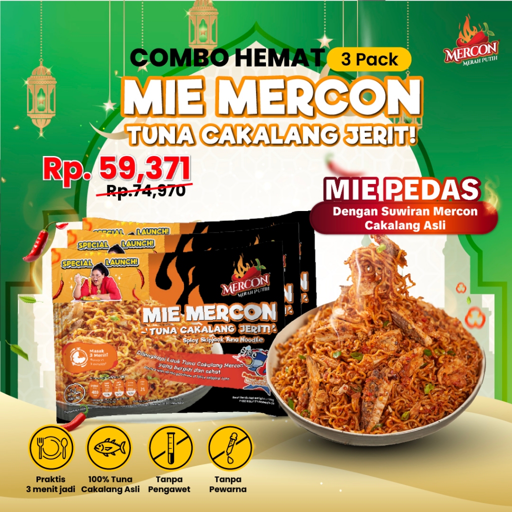 

[NEW] Mercon Merah Putih - Combo Hemat 3 Pack Mie Mercon Tuna Cakalang Jerit || Mie Goreng Pedas Instan