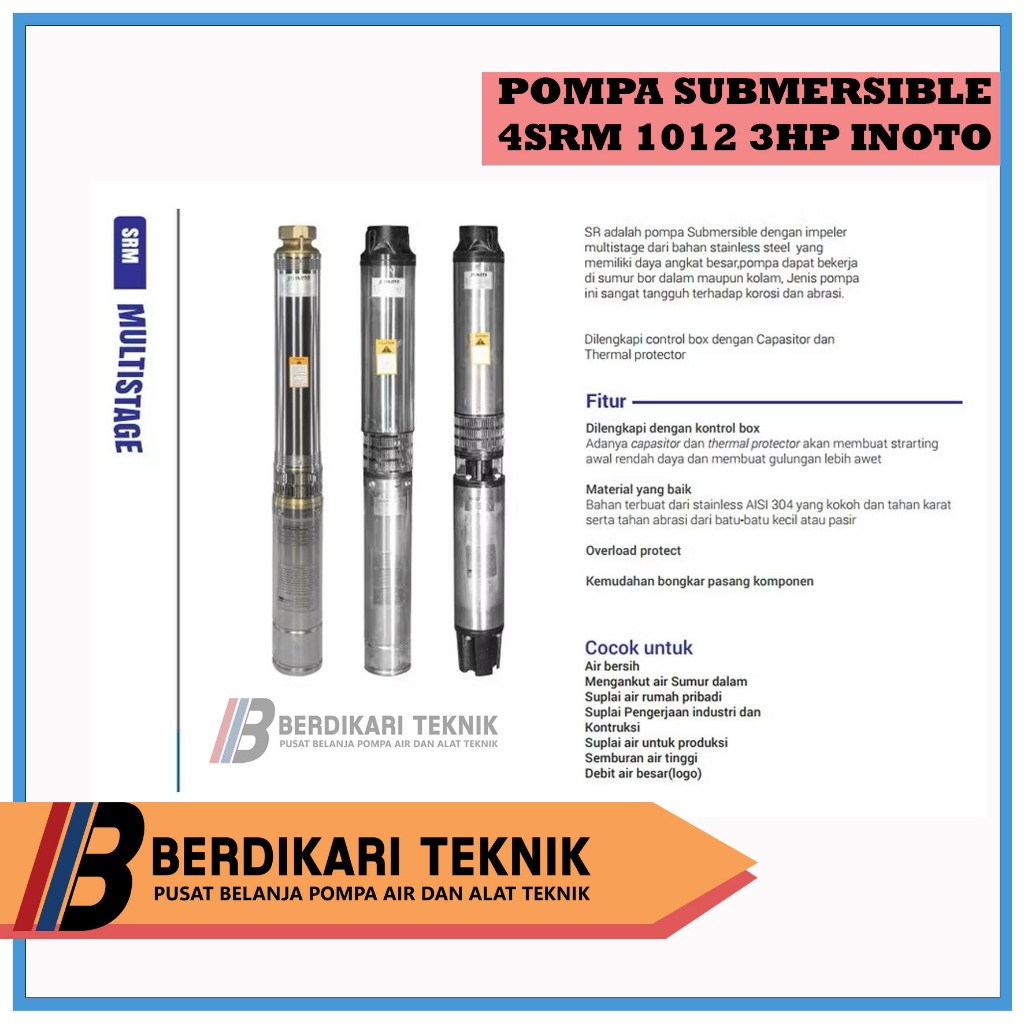 INOTO 4SRM 1012 3hp output 2” inch kabel pendek pompa air submersible