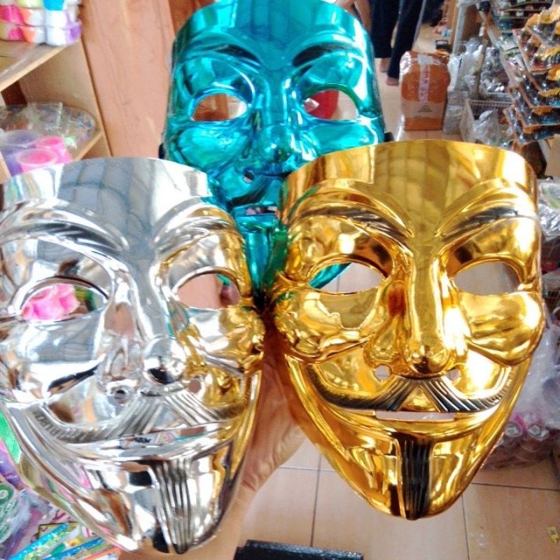 Topeng anonymous  blue silver gold / Topeng Heker / Topeng helowin / topeng murah / mainan topeng an