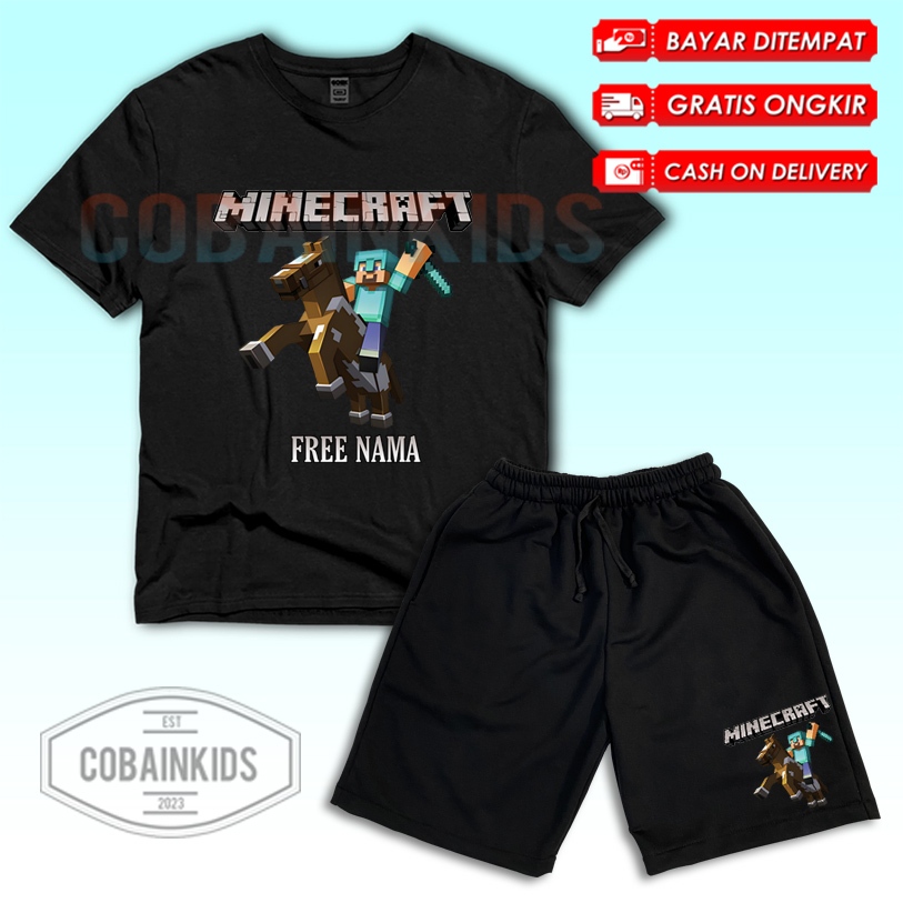 (BISA COD) Setelan Anak Kaos Celana Pendek Anak MInecraft Pocket Edition Steve Free Nama / Set Kaos 