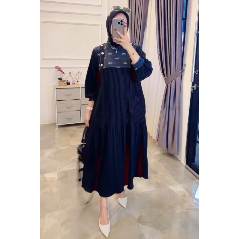 gamis mididress plisket wanita kaos knit rajut import motif pita