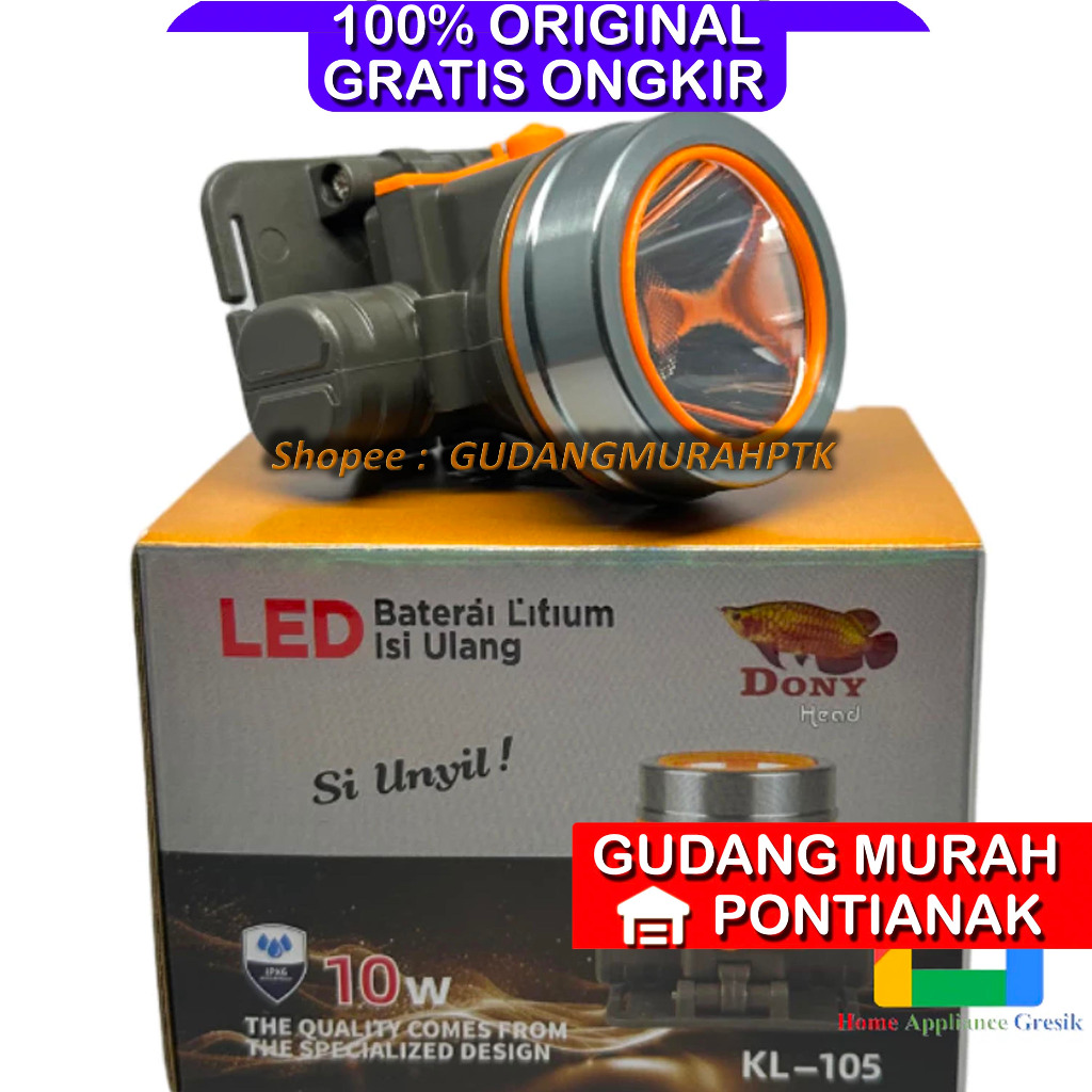 DONY Senter Kepala Dony 10 Watt KL 105 Si Unyil Doni Cas Charger Chas Rechargeable Terang Jarak Jauh