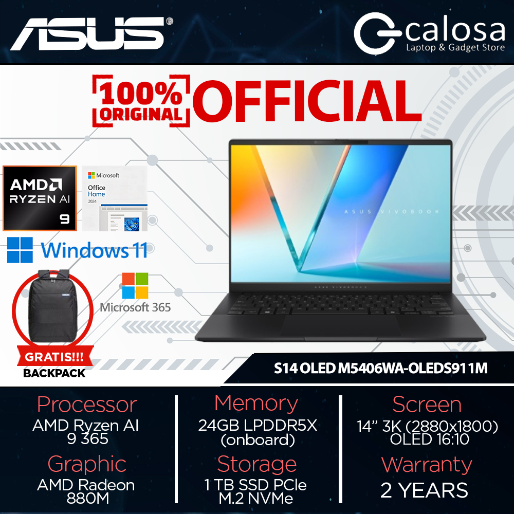 ASUS Vivobook S 14 OLED M5406WA-OLEDS911M AMD Ryzen AI 9 365 Processor AMD Radeon 880M Graphics 24GB