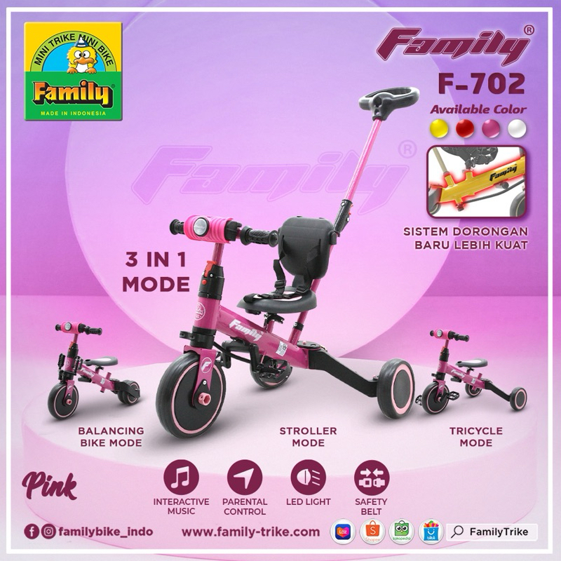 Family Balance Bike F-702 / Sepeda Anak Roda 3 / Sepeda Keseimbangan Anak Tricycle Stroller Anak 3 i