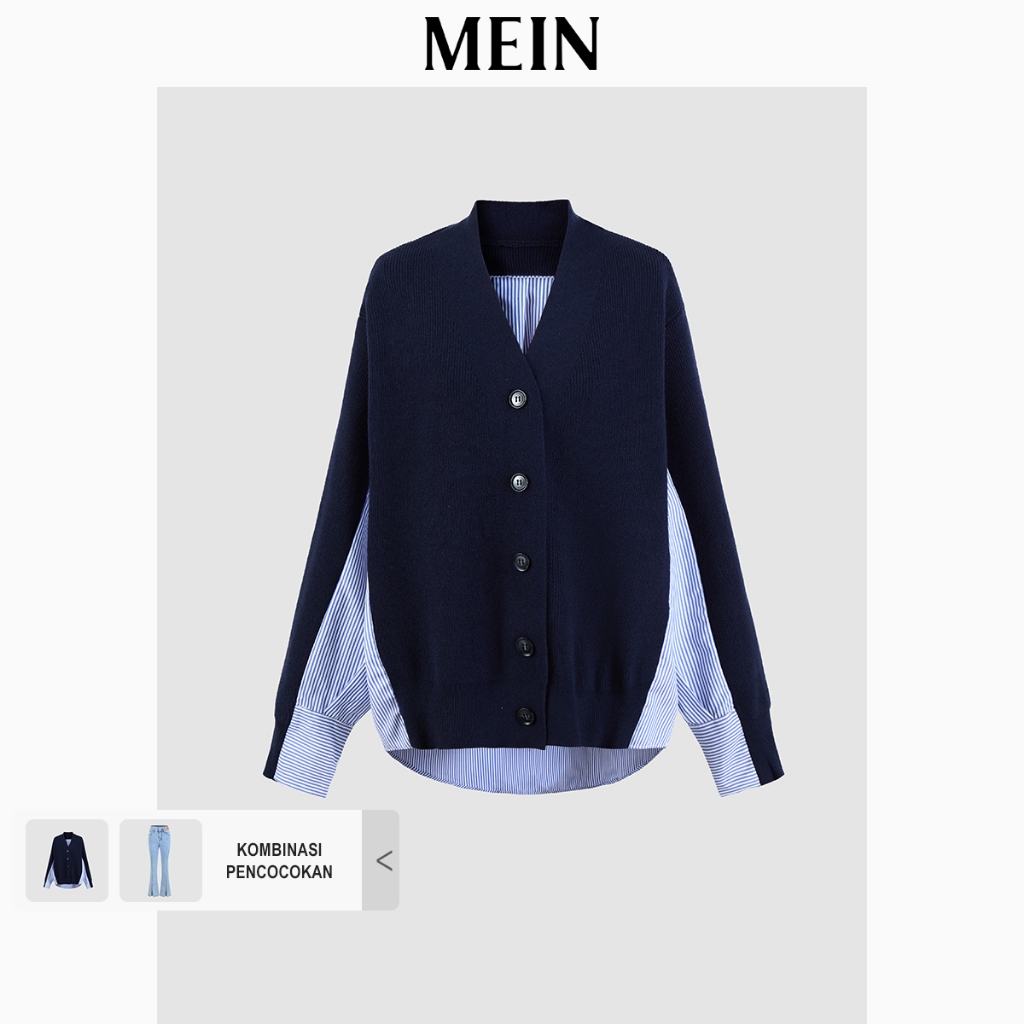 [MEIN] URBAN Kemeja Katun Casual Tombol V-Neck dengan Warna Blok untuk Wanita 7102