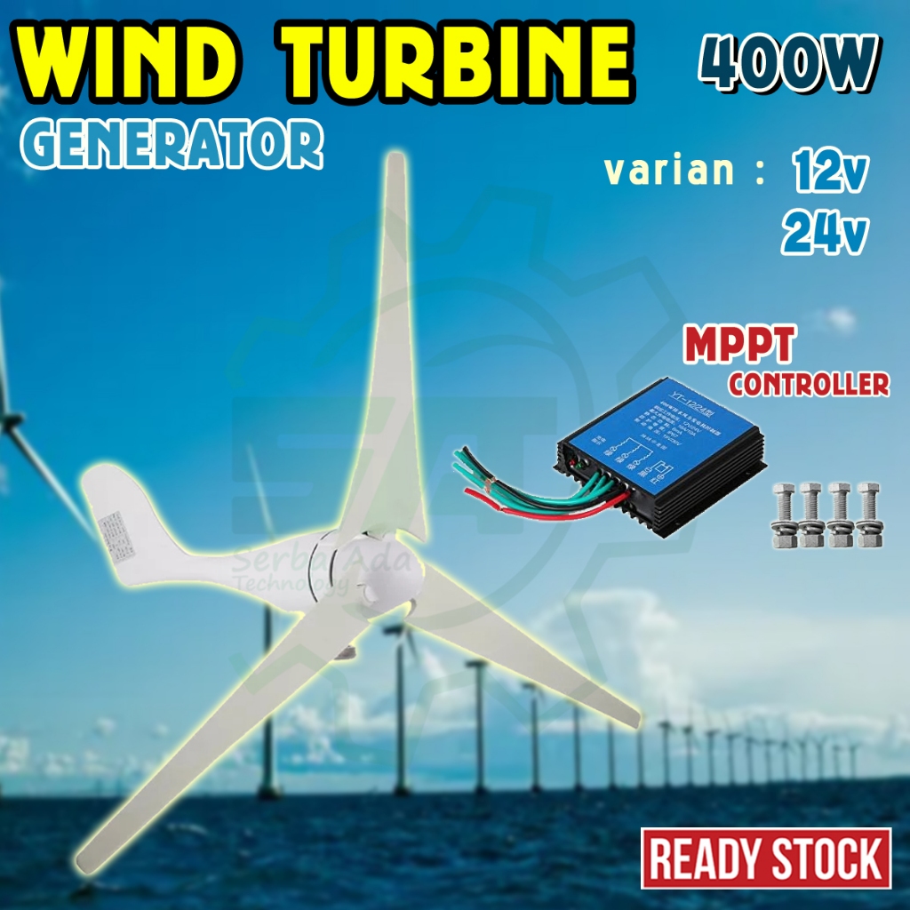 400W wind turbine 12v 24v generator turbin listrik tenaga angin solar surya panel kincir bayu udara