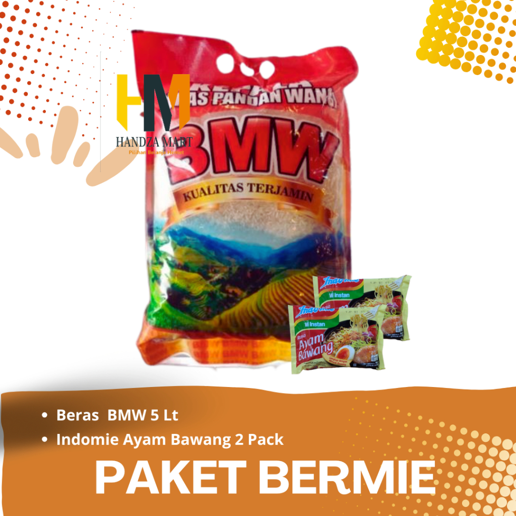 

Paket Bermie (Beras & Mie) Beras BMW 5 Lt + Indomie Ayam Bawang 2 Pcs