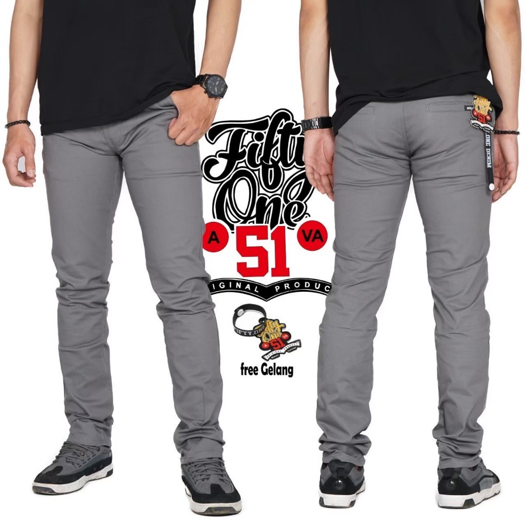 FIFTY ONE DENIM 51 - Celana Chino Panjang Pria Slim Fit Skinny Stretch Melar Cowok Grey / Abu Muda