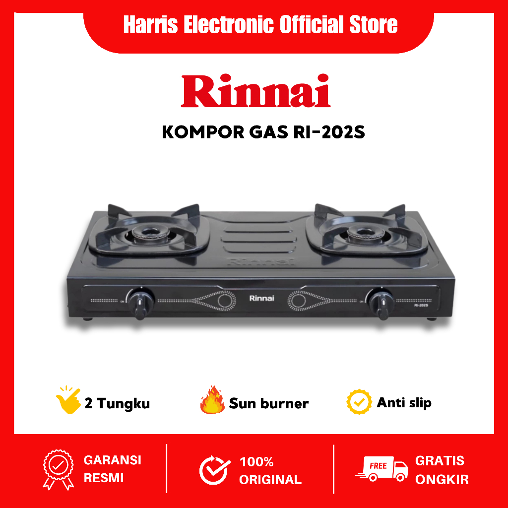 (COD) Rinnai Kompor Gas RI-202S – 2 Tungku Sun Burner, Slim & Hemat Gas Garansi Resmi