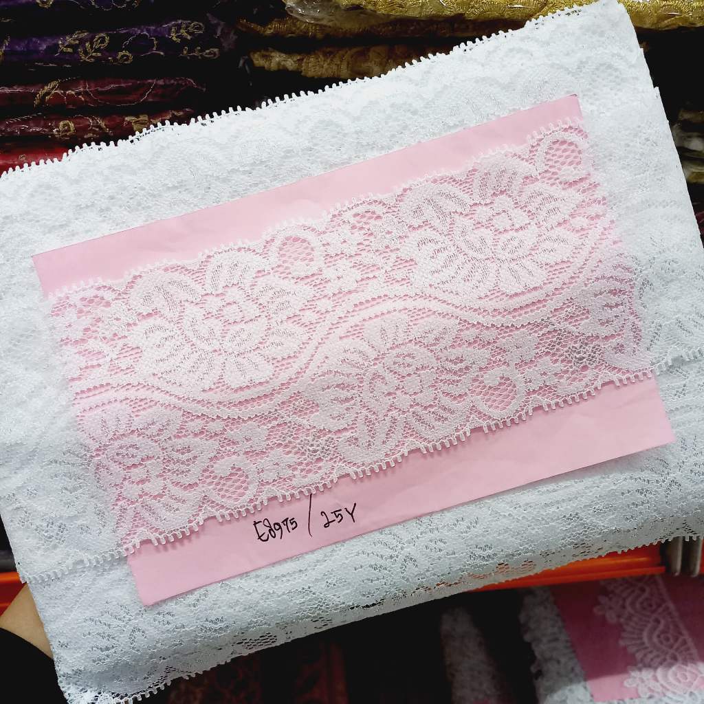 Renda Karet E8975 ROL Lebar 7,5 cm Renda Baju Mukena Pinggiran Hiasan Renda Cantik Bahan Elastik