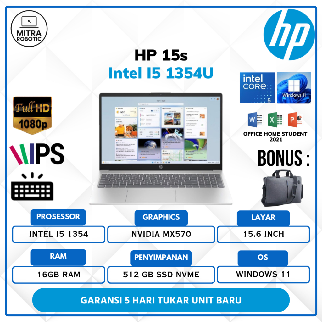 Laptop HP 15s Intel I5 1354U MX570A 16GB 512GB W11+OHS 15.6 Full HD IPS Display
