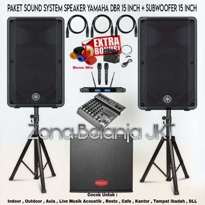 PAKET SOUND SYSTEM INDOOR OUTDOOR LIVE MUSIK KARAOKE SPEAKER YAMAHA DBR 15 INCH + SUBWOOFER 15 INCH 