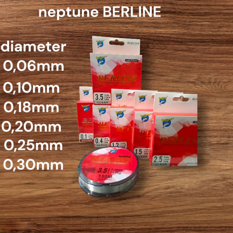 senar/tali/benang pancing merk NEPTUNE BERLINE, ukuran diameter 0,06mm/0,10mm/0,18mm/0,20mm/0,25mm/0