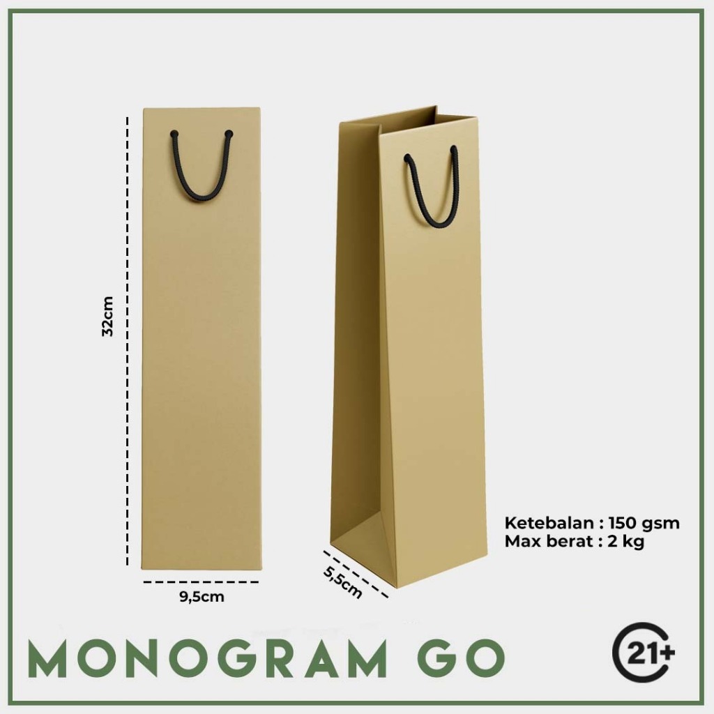 

PAPER BAG Botol Wine (Uk. T : 30cm, L depan : 9,5cm, L samping : 5,5cm)