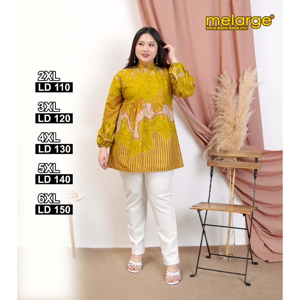 MELARGE - Kemeja Batik Wanita Jumbo Baju Batik Wanita Modern 3XL LD 120 4XL LD 130 Lengan Panjang Mo