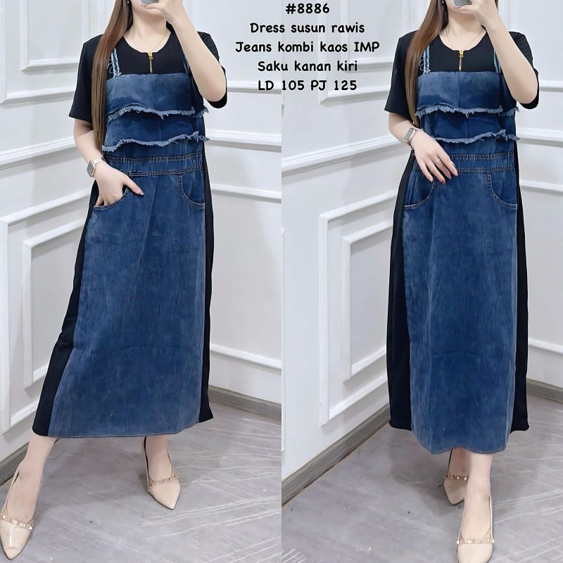 BS-Dress Susun Rawis 8886 Jeans Kombi Kaps IMPSaku Kanan Kiri Ld 105 cm Pj 125 cm - Midi, Katun, Gam