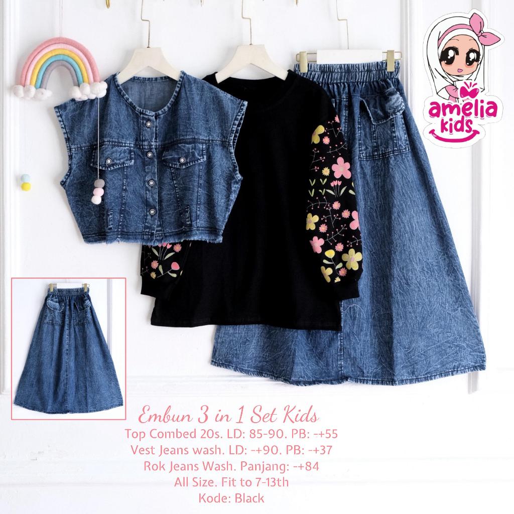 [TERMURAH  Amelia Kids] EMBUN SETELAN 3 IN 1  KIDS SETELAN BAWAHAN ROK SKIRT JEANS BAWAHAN ROK CARGO