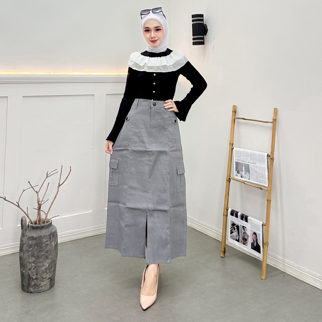 Rok Cargo Skirt Panjang Wanita Belah Depan Combed Premium / Rok Cargo Wanita Panjang