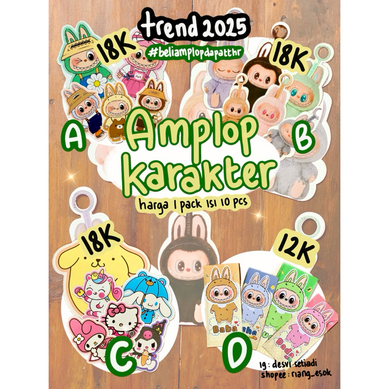 

1 PACK AMPLOP LEBARAN KARAKTER ANAK LUCU (LABUBU,KUROMI,CINNAMOROLL,SPIDERMAN) FREE THR BERBENTUK GIFT