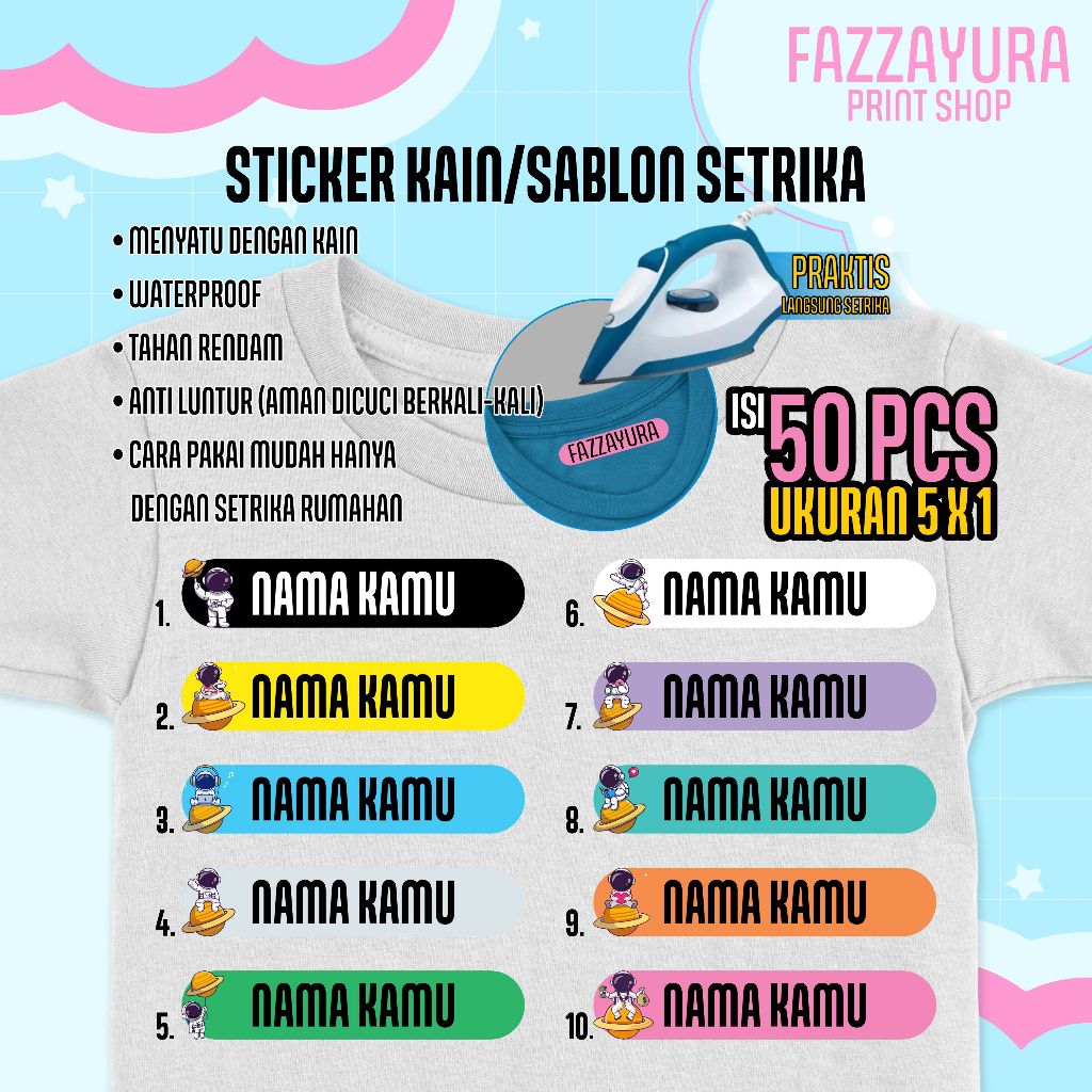 

TERMURAH ISI 50 PCS | STICKER KAIN/SABLON SETRIKA/SABLON NAMA | TEMA ASTRONOT & PLANET