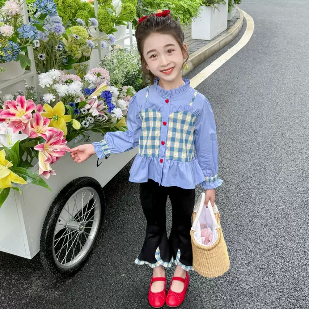 Setelan Pakaian Anak Perempuan Usia 1-4 Tahun | Baju Kemeja Katun Lengan Panjang Kerut Model Leher S