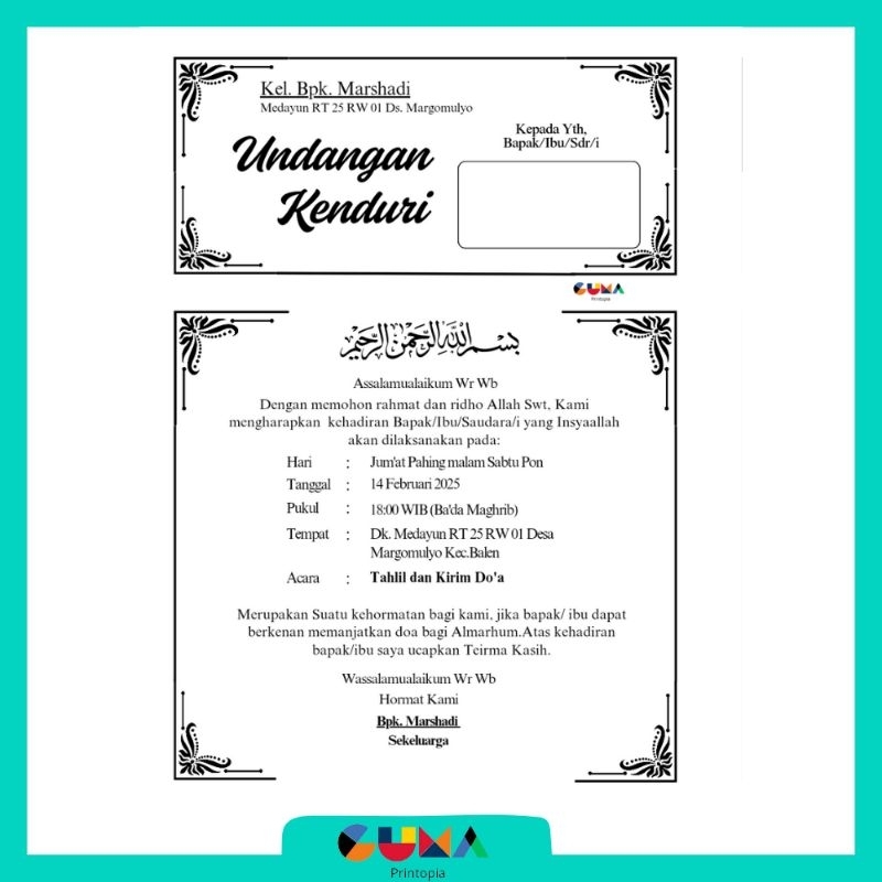 

Undangan Kenduri A5 Tasyakuran Tahlil