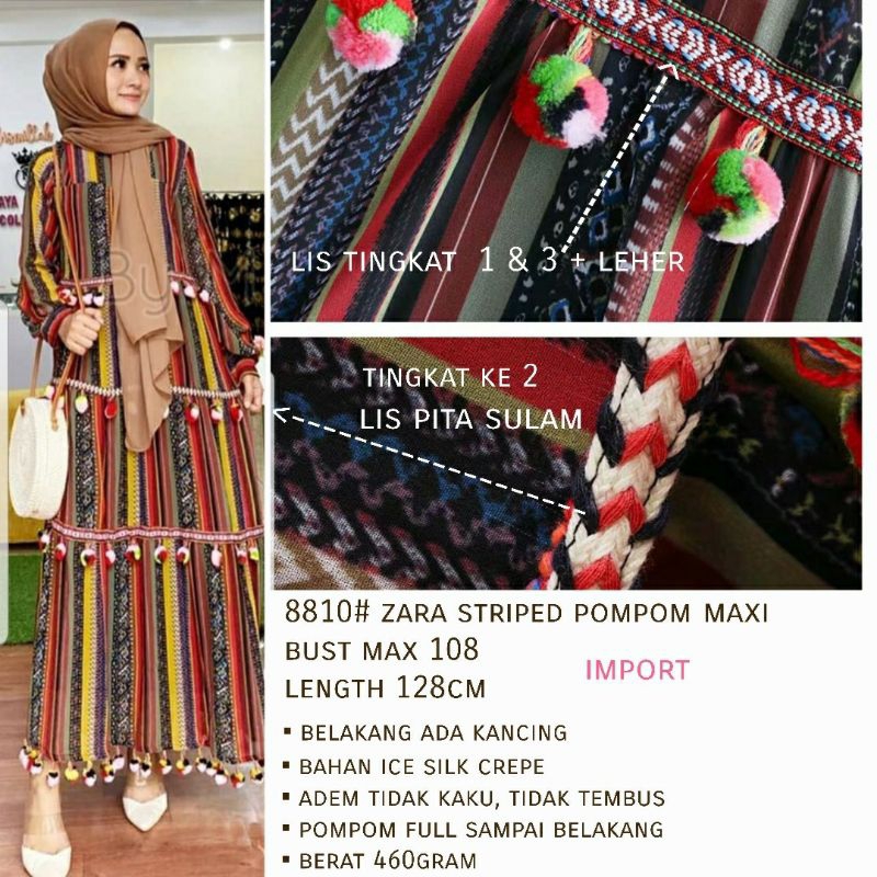 PAKAIAN WANITA BAJU LONG DRESS STRIPE SALUR GARIS POMPOM MAXI MAXY "