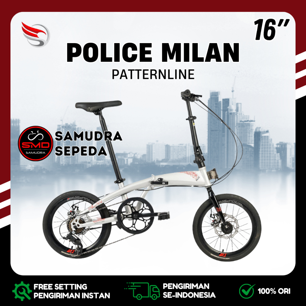 Sepeda Lipat Anak dan Dewasa 16 Inch Police Milan Patternline New 8sp Murah Folding Bike Bandung