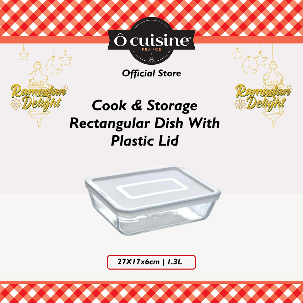 Loyang Kaca Tempat Penyimpanan Ocuisine - Rectangular dish with plastic lid 22x17x6cm - 1,3L