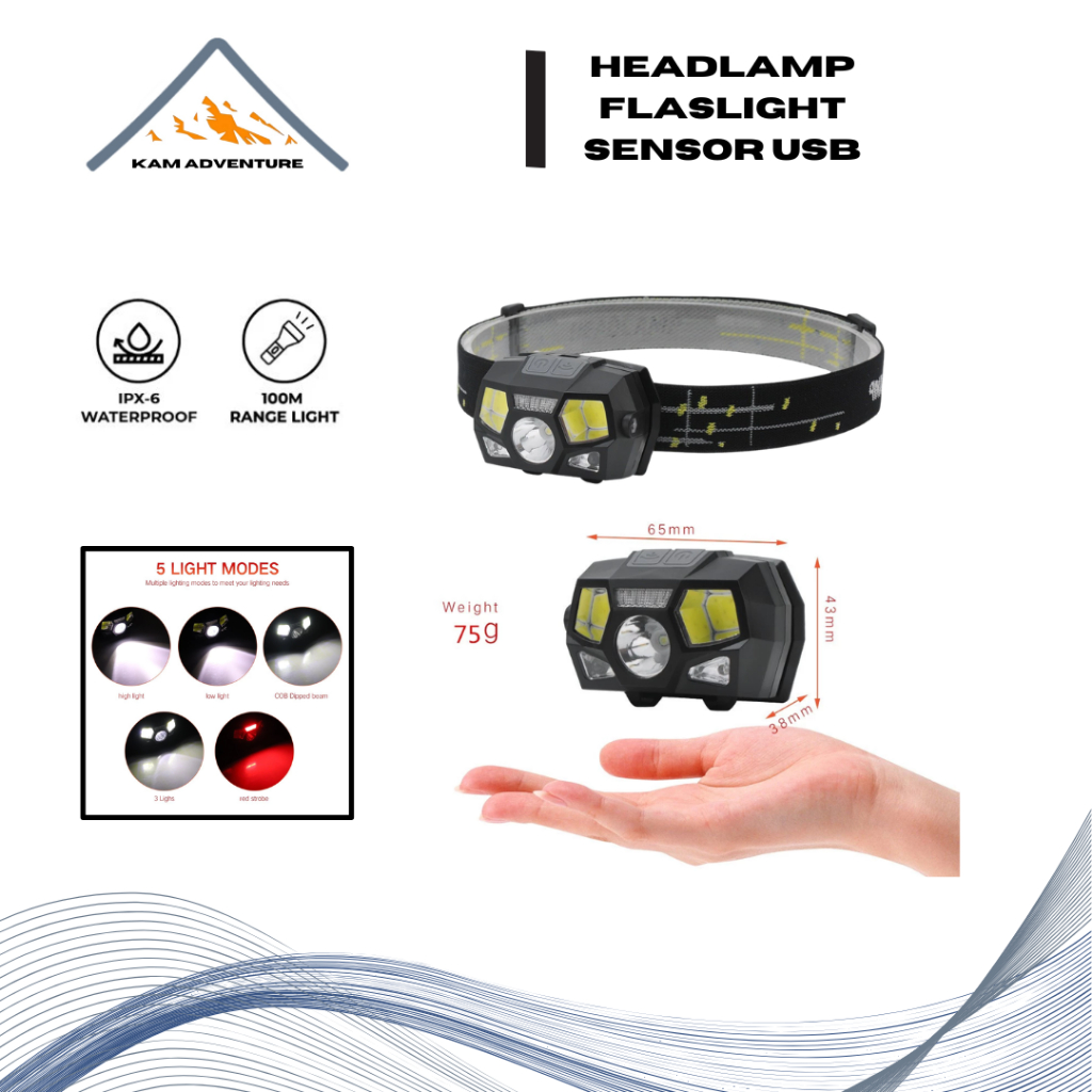 Senter Headlamp Rechargeable Sensor Waterproof Tahan Lama Camping Hiking Outdoor