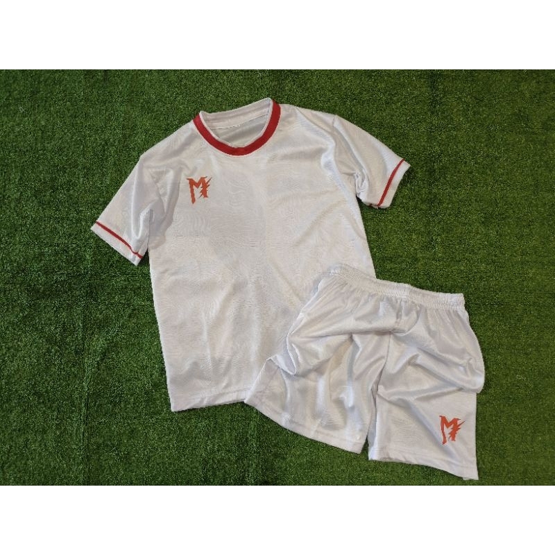 MUZAKAR Baju Futsal Anak Setelan Jersey Bola Anak 6 - 12 Tahun Embos Putih , Bisa Sablon