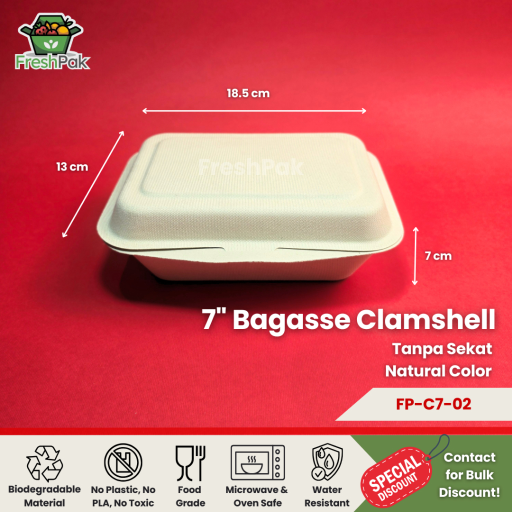 Freshpak Bagasse Clamshell 7" Sugarcane Eco Friendly Food Grade Lunch Box Packaging Microwave & Oven