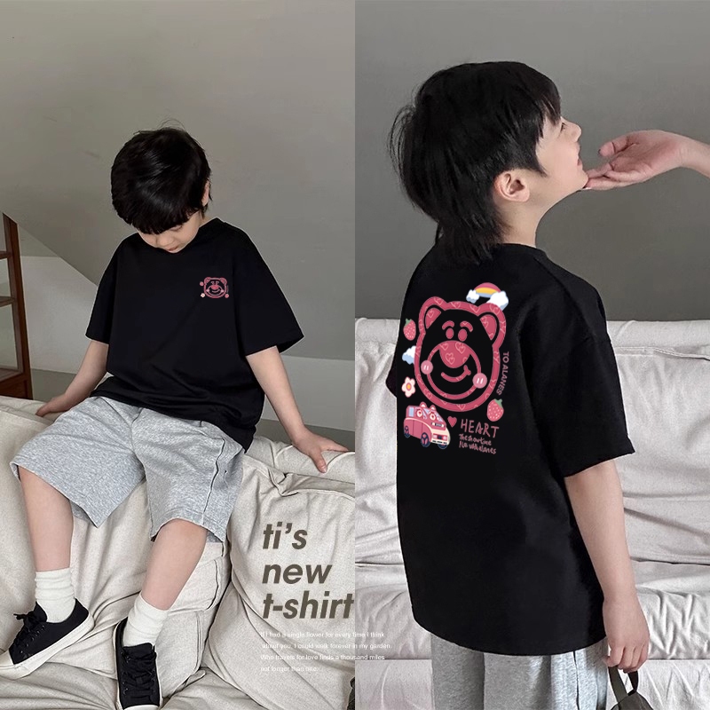 korea style Hitam cocobaby t shirt cotton Kaos Atasan Anak laki-laki Perempuan | Mobil Beruang Strob
