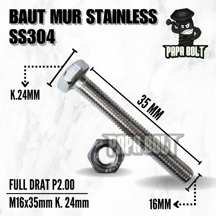Baut Mur Hex Stainless Steel 304 16x35 / M16 x 35 Kunci 24 P2.00 FT