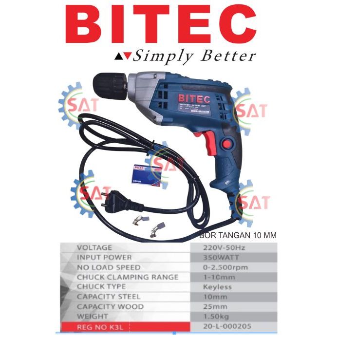 MESIN BOR TANGAN 10 MM BITEC DM 350 REX, DRILL BITEC DM 350 REX