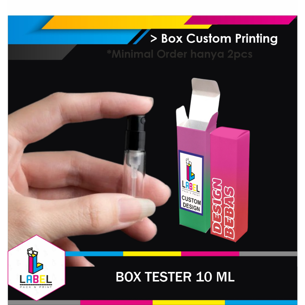 

Box / Dus Botol Tester 10ml Ukuran 1,8 x 1,8 x 9 cm Custom Desain