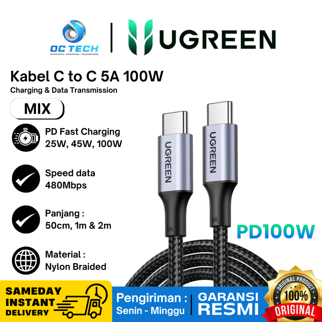 Ugreen Kabel Type C to Type C 100W 5A Pendek Powerbank PD Fast Charging 50cm 1M 2M Garansi Resmi