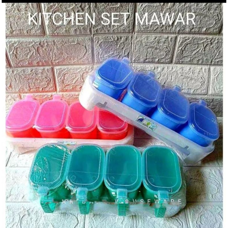 Tempat Bumbu Mawar Set 4 / Kitchen Set Plastik Wadah Garam & Bumbu Dapur
