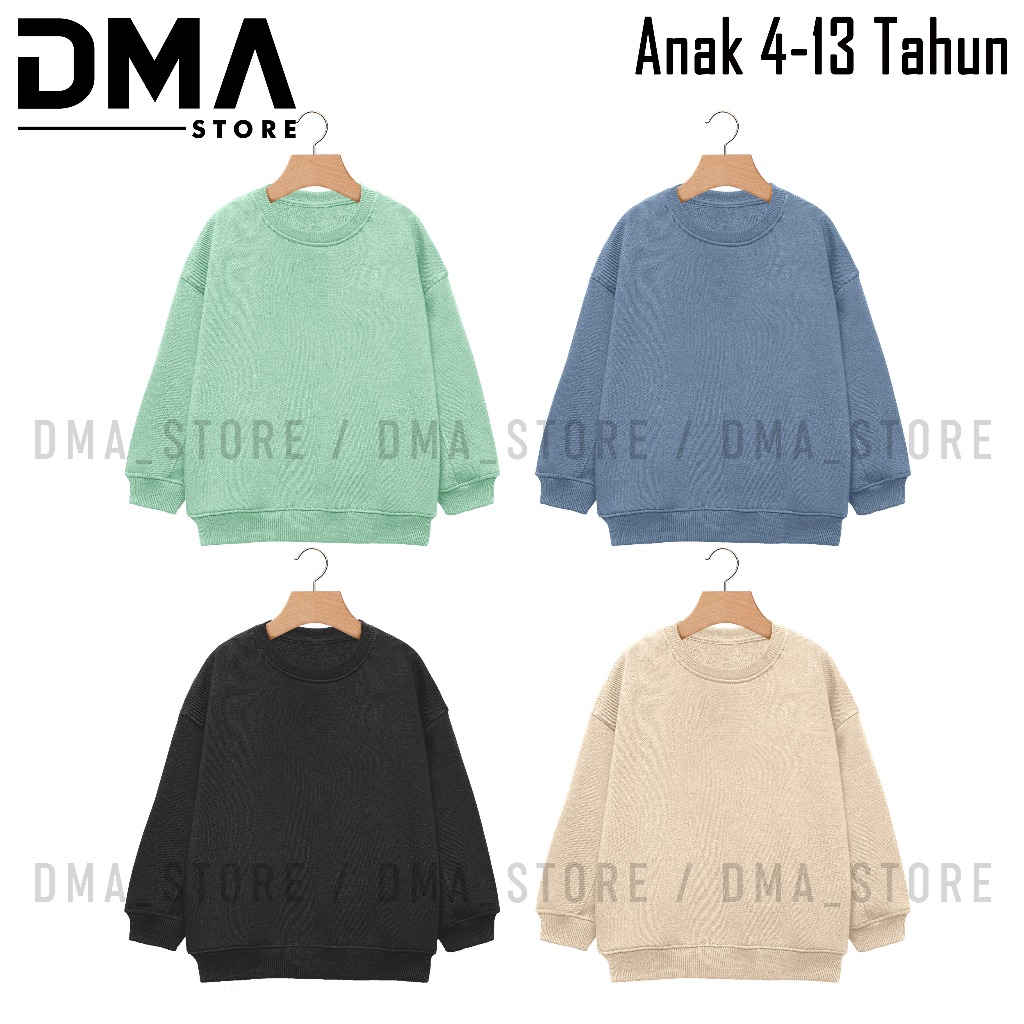 Sweater Crewneck Anak Laki-laki/Perempuan POLOS Anak Usia 4-13 Tahun Bahan Fleece Tebal Premium