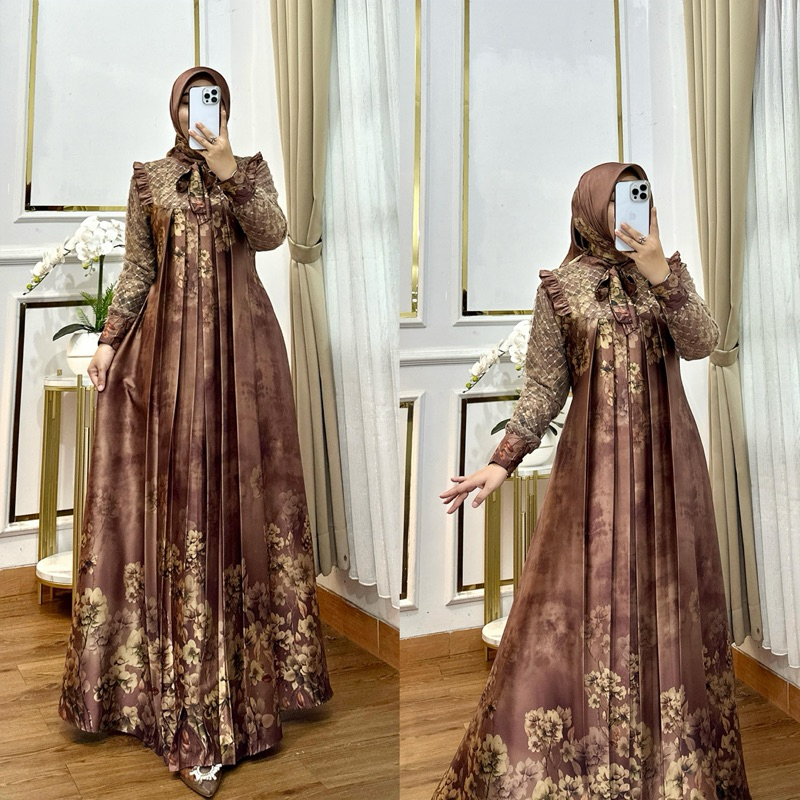 DRES MEWAH KONDANGAN MIX BRUKAT TILE BAHAN CERUTY SILK BROWNTERBARU-DRES TILE TERBARU-BAJU MUSLIMAH 