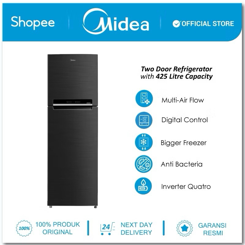 Midea Kulkas 2 Pintu 428L Low Watt Inverter Freezer Besar Tanpa Bunga Es Salju Hitam MDRT572EVF28ID