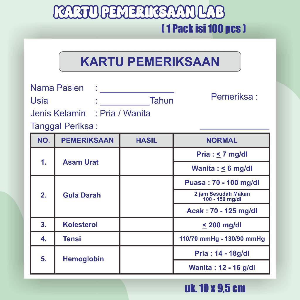 

Kartu Pemeriksaan Lab/ Kartu Kontrol Ready Stock Kartu Laborat - (kadar gula, tensi, asam urat, colestrol, HB,& trigliserida)